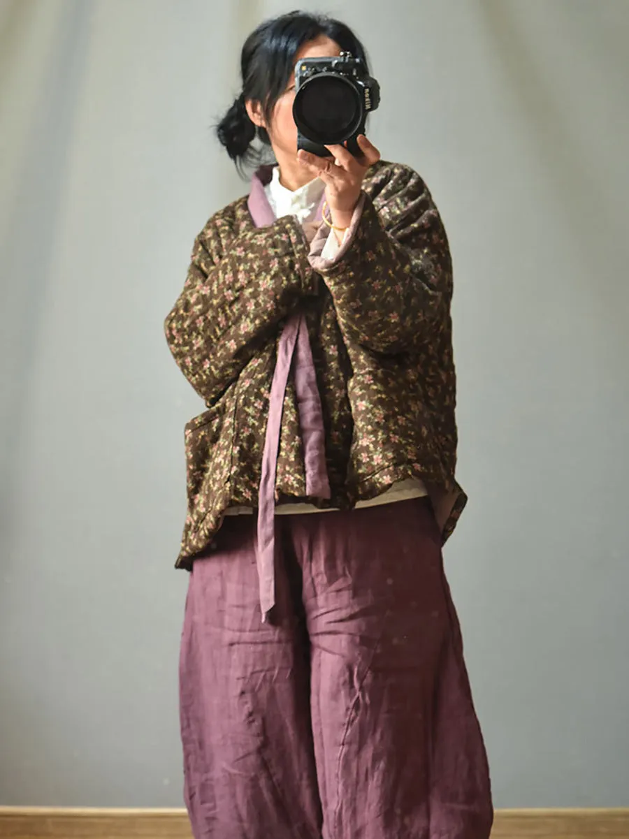 Women 100%Cotton Winter Ethnic Floral V-neck Coat