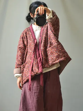 Women 100%Cotton Winter Ethnic Floral V-neck Coat