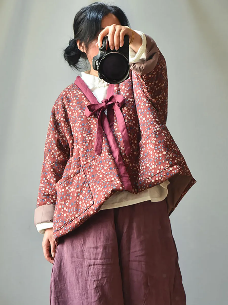 Women 100%Cotton Winter Ethnic Floral V-neck Coat