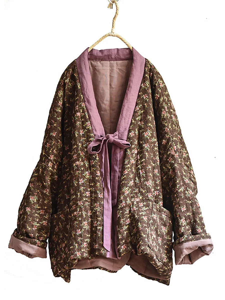Women 100%Cotton Winter Ethnic Floral V-neck Coat