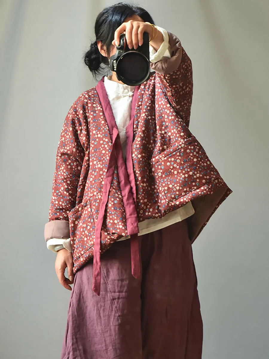Women 100%Cotton Winter Ethnic Floral V-neck Coat