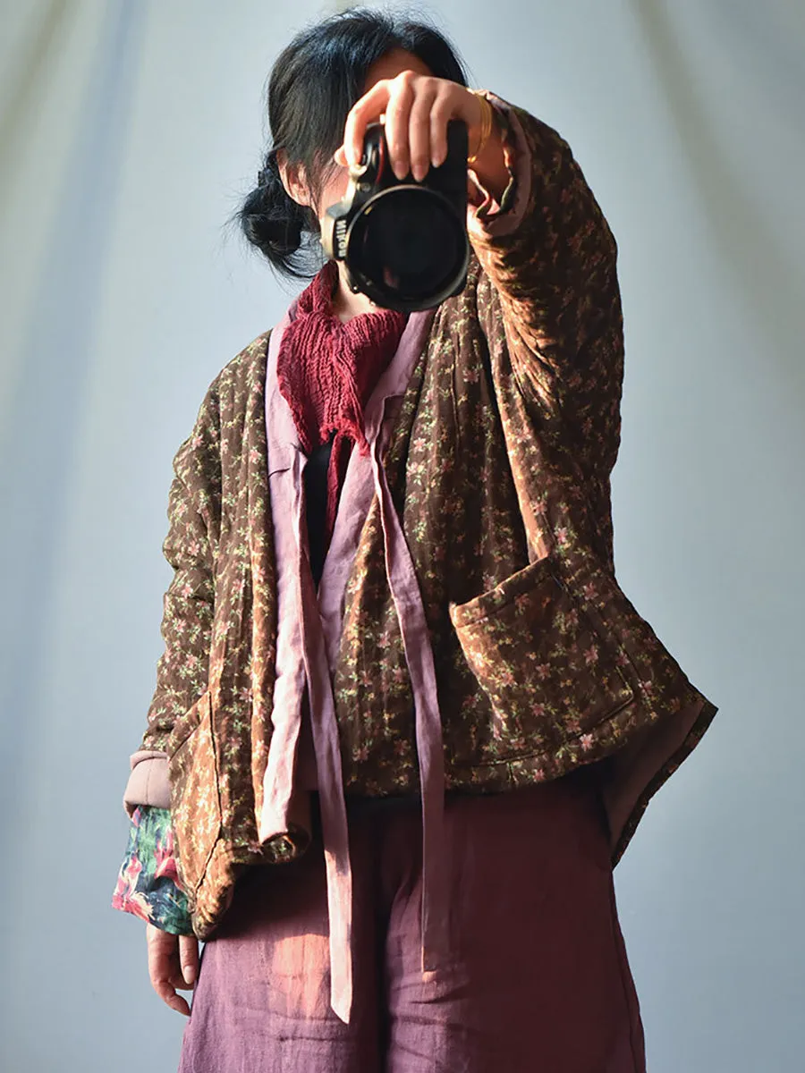 Women 100%Cotton Winter Ethnic Floral V-neck Coat