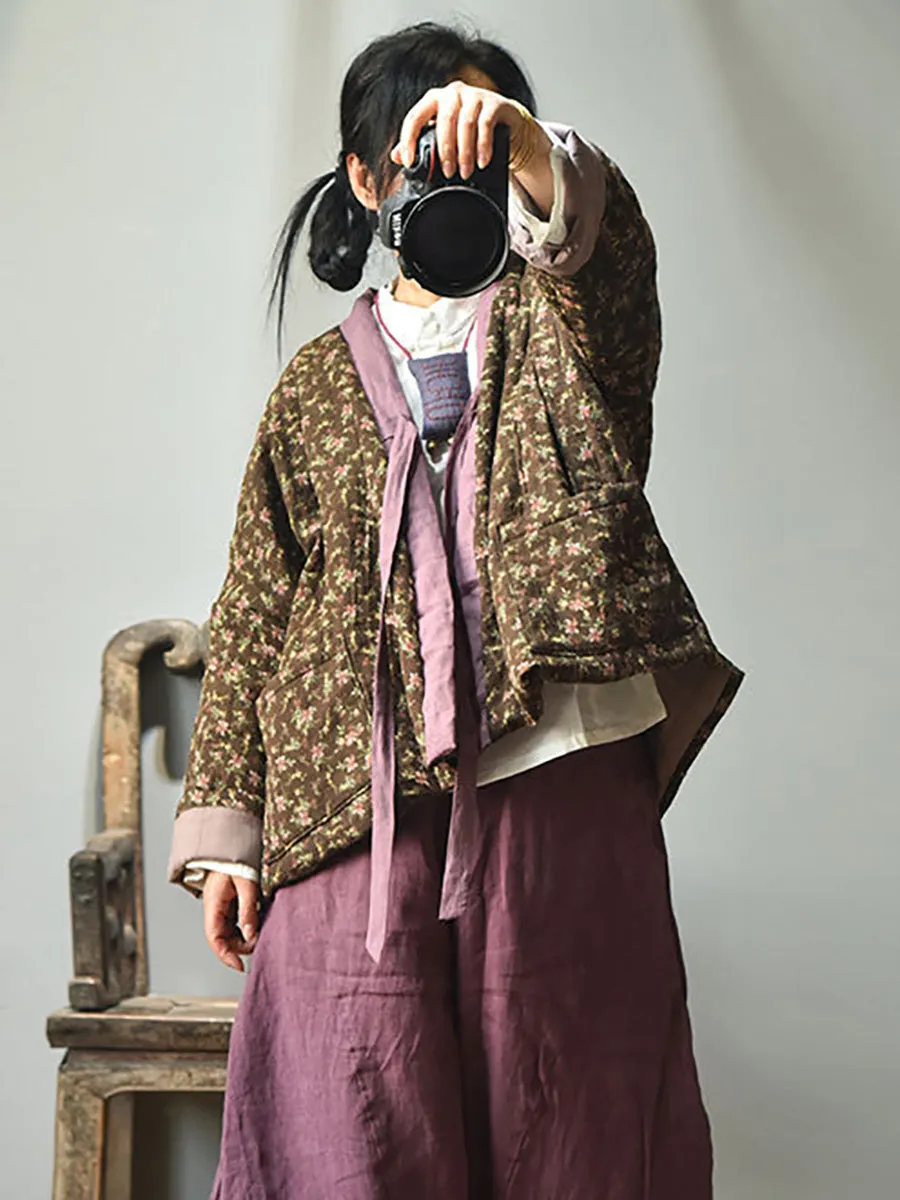 Women 100%Cotton Winter Ethnic Floral V-neck Coat