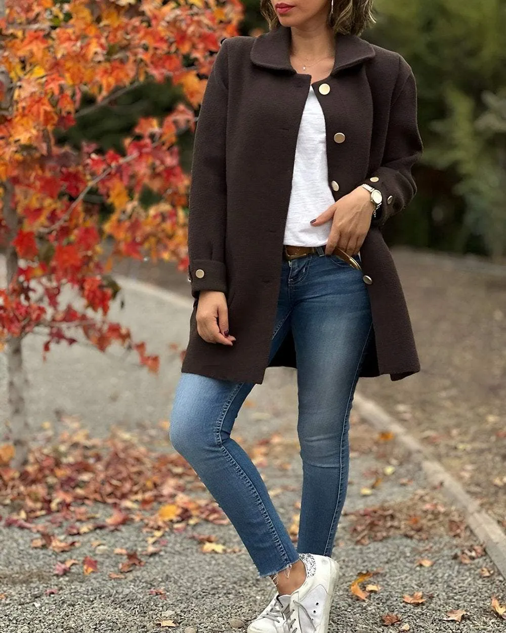Women's Button Lapel Folded Cuffs Long Jacket