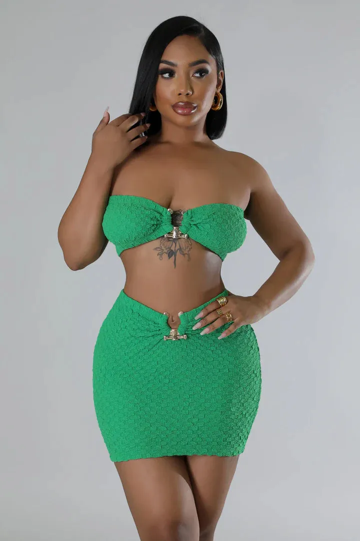 Women's Plush Pattern Fitted Green Mini Skirt Set