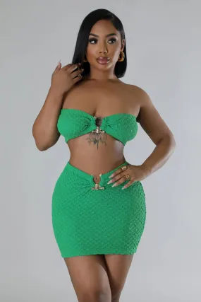 Women's Plush Pattern Fitted Green Mini Skirt Set