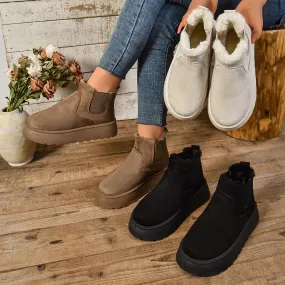 Women's Plush Suede Ankle Snow Boots – Cozy Fur-Lined Chelsea Flats for Winter Warmth & Style