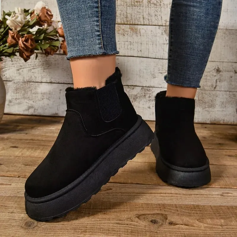 Women's Plush Suede Ankle Snow Boots – Cozy Fur-Lined Chelsea Flats for Winter Warmth & Style