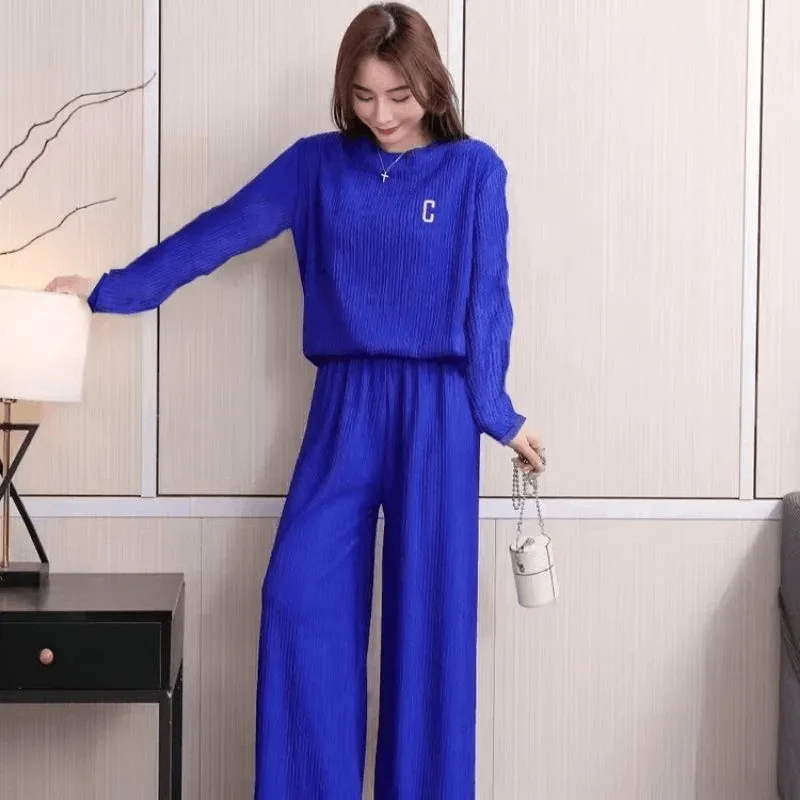 Wrinkle Embroidery Long Sleeve Top & Wide Leg Pants Set FH-432