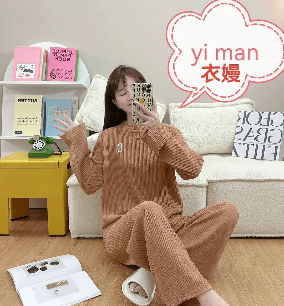 Wrinkle Embroidery Long Sleeve Top & Wide Leg Pants Set FH-432