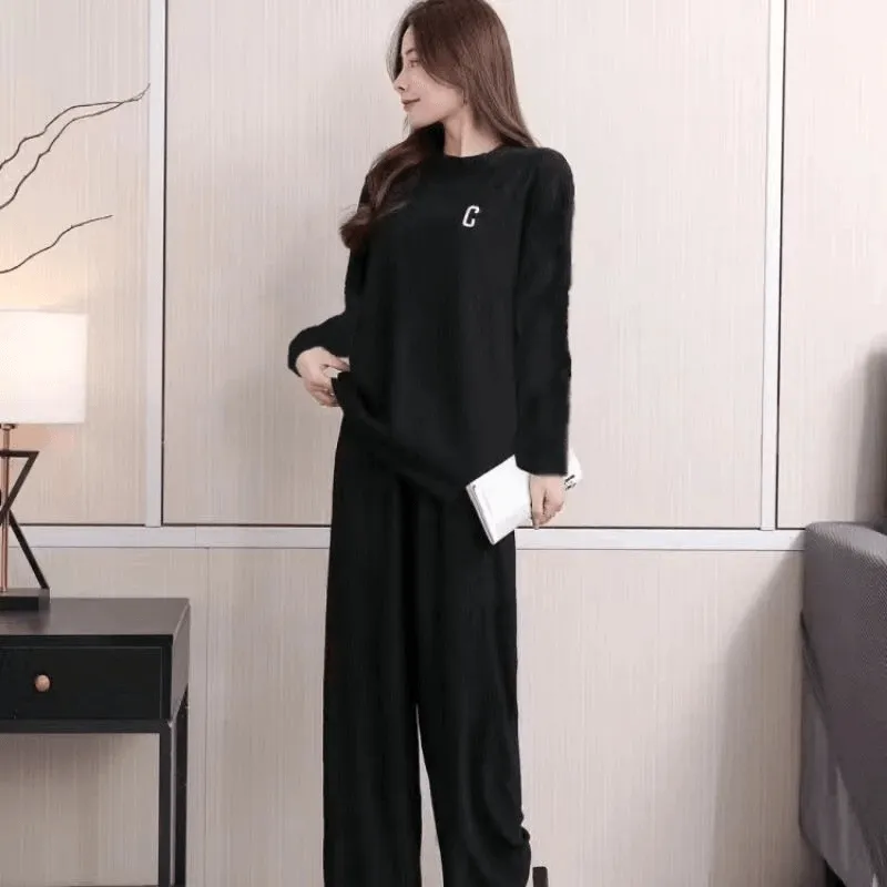 Wrinkle Embroidery Long Sleeve Top & Wide Leg Pants Set FH-432