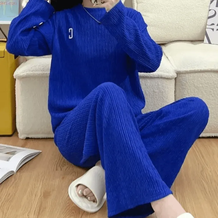Wrinkle Embroidery Long Sleeve Top & Wide Leg Pants Set FH-432