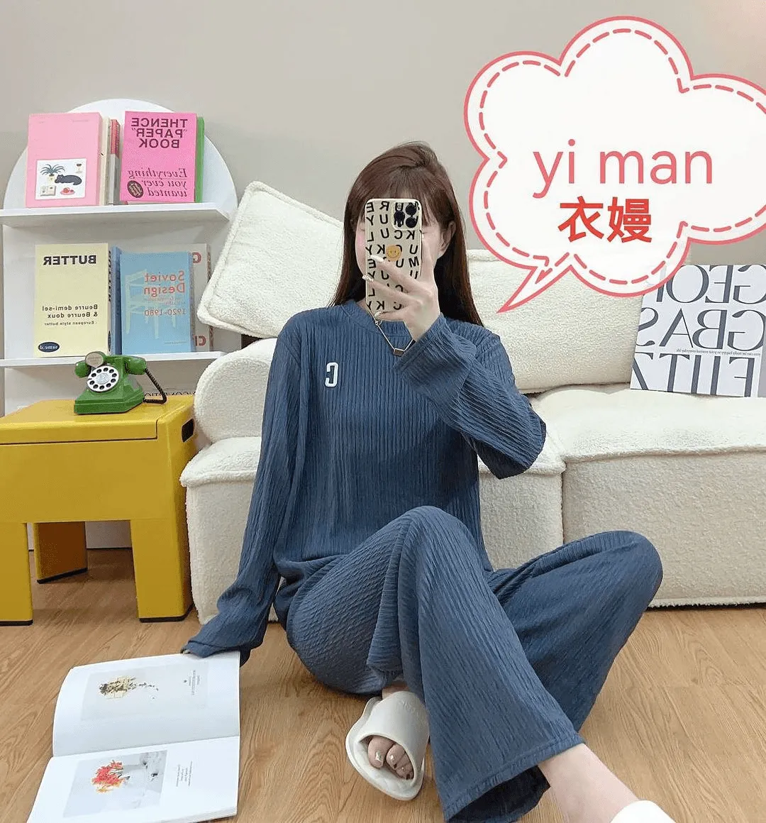 Wrinkle Embroidery Long Sleeve Top & Wide Leg Pants Set FH-432