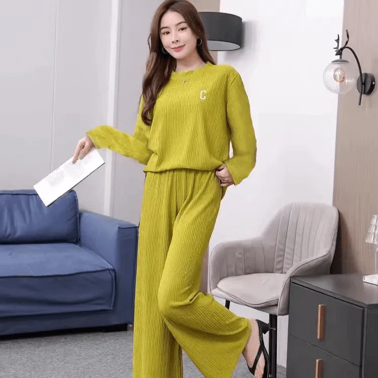 Wrinkle Embroidery Long Sleeve Top & Wide Leg Pants Set FH-432