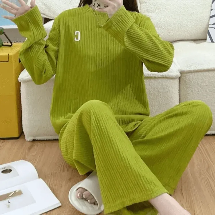 Wrinkle Embroidery Long Sleeve Top & Wide Leg Pants Set FH-432