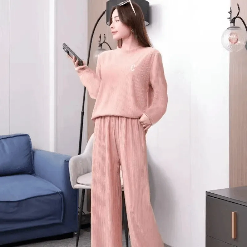 Wrinkle Embroidery Long Sleeve Top & Wide Leg Pants Set FH-432