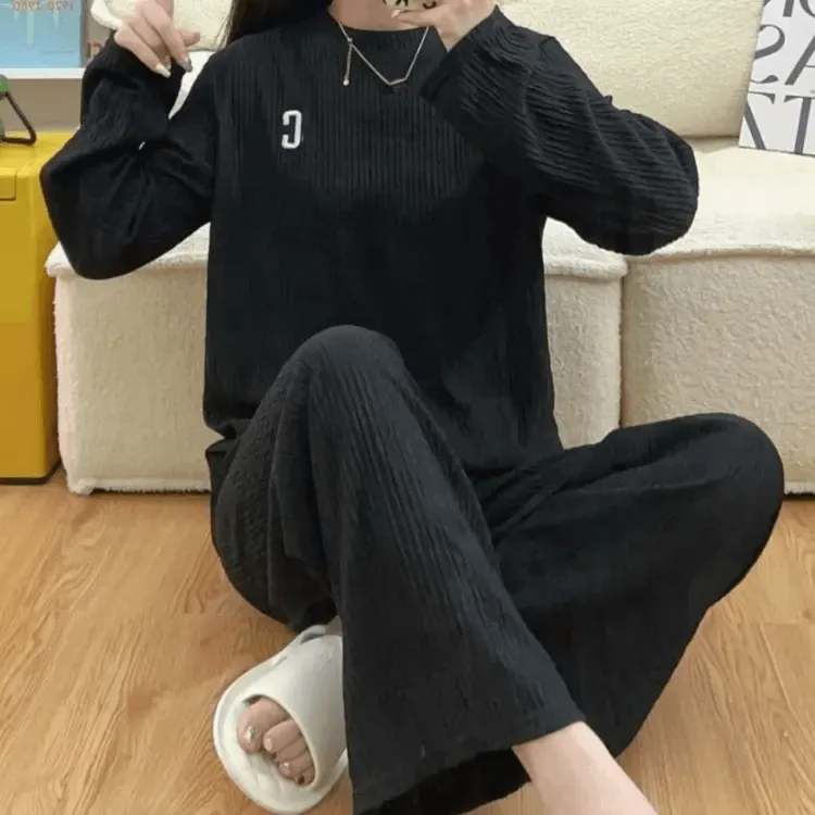 Wrinkle Embroidery Long Sleeve Top & Wide Leg Pants Set FH-432