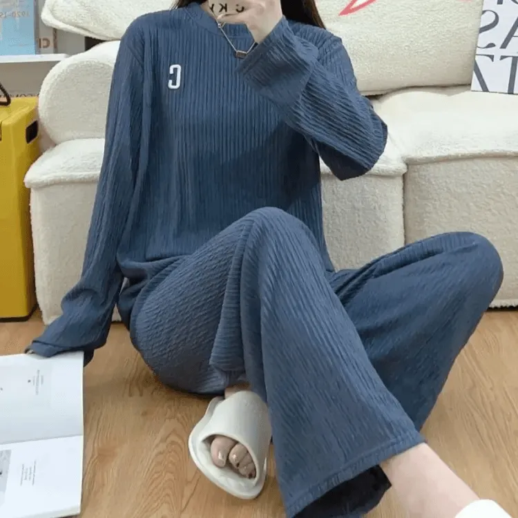 Wrinkle Embroidery Long Sleeve Top & Wide Leg Pants Set FH-432