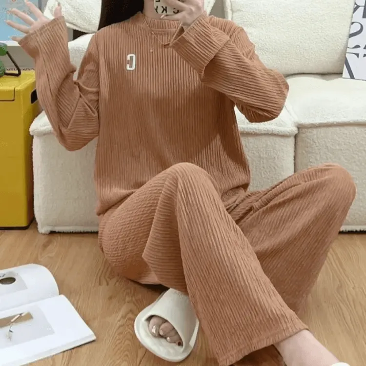 Wrinkle Embroidery Long Sleeve Top & Wide Leg Pants Set FH-432